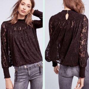 Anthropologie‎ Deletta Black Amanna Lace Blouse Mock Neck Womens Smocked